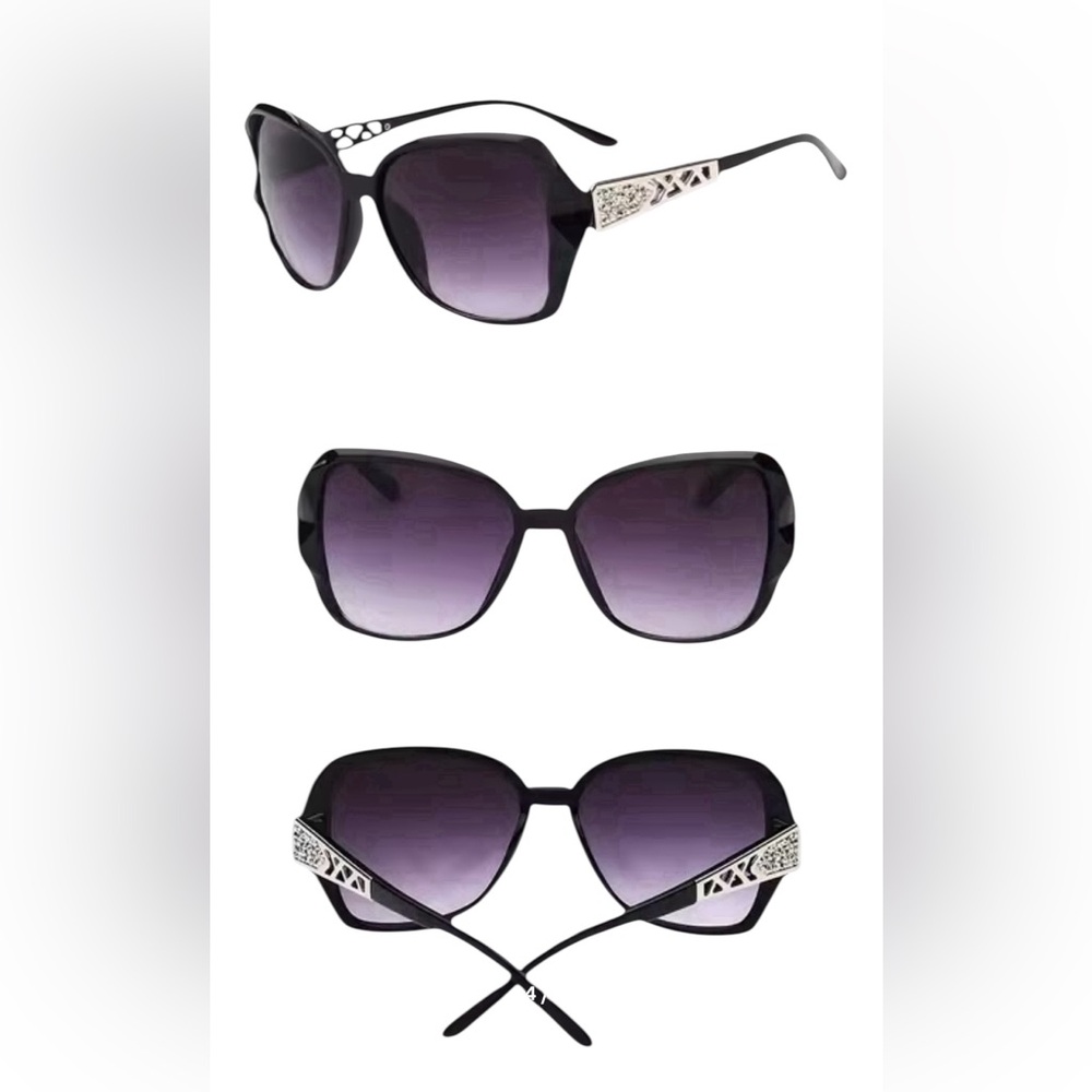 Women’s Big Black Sunglasses with Silver Accents - Picture 3 of 3
